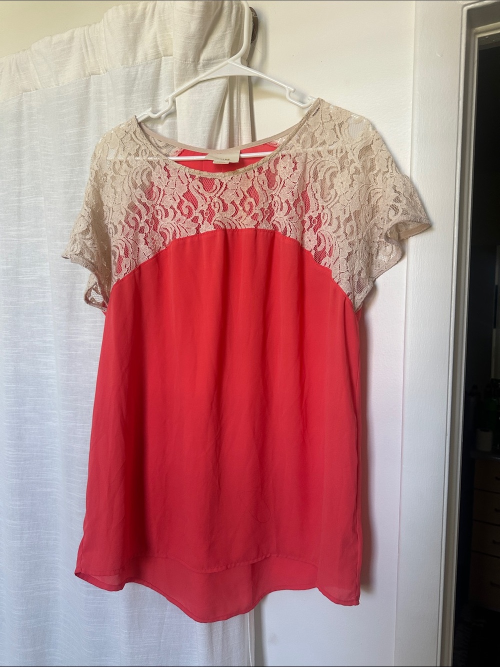 Maeve Coral Top with Beige Lace Yoke